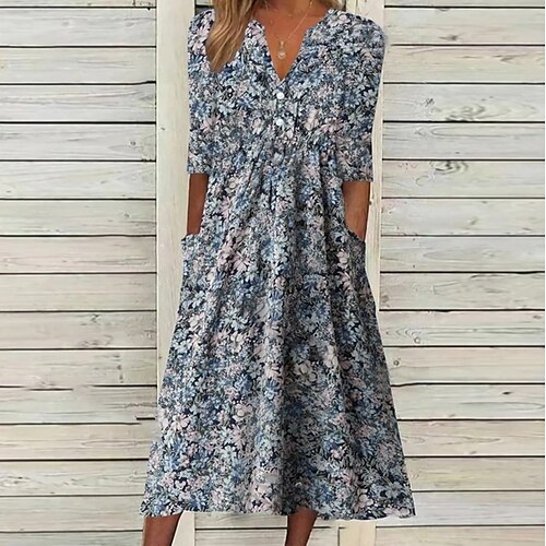 

Women's Casual Dress Midi Dress Blue Half Sleeve Floral Ruched Fall Spring Autumn V Neck 2022 S M L XL XXL 3XL