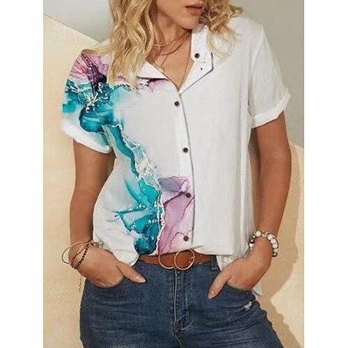 

Women's Blouse Shirt Graphic Button Print Round Neck Shirt Collar Casual Streetwear Tops White Blue