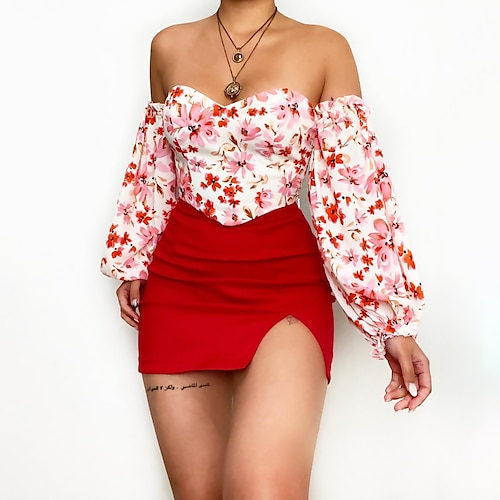 

Women's Floral Holiday Weekend Floral Blouse Shirt Long Sleeve Off Shoulder Print Off Shoulder Casual Streetwear Tops Yellow Red S / 3D Print