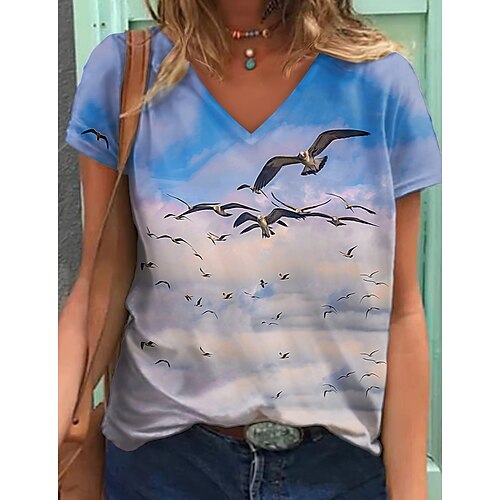 

Women's Painting T shirt Graphic Bird Print V Neck Basic Holiday Hawaiian Tops Blue / 3D Print