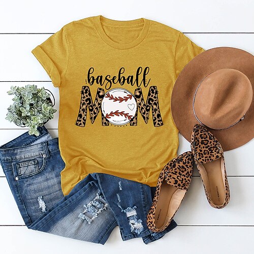

Women's Casual Weekend Painting T shirt Tee Leopard Text Baseball Short Sleeve Print Round Neck Basic Tops White Black Purple S