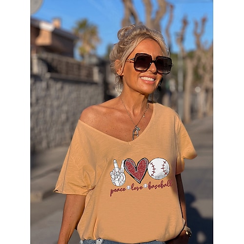 

Women's Casual Weekend Painting T shirt Tee Heart Text Baseball Short Sleeve Print V Neck Basic Tops Green White Black S