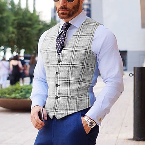 

Men's Vest Gilet Business Daily Fall Spring Short Coat Single Breasted V Neck Regular Fit Warm Breathable Business Casual Jacket Sleeveless Plaid / Check Print Gray