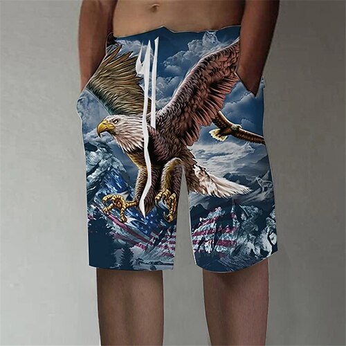 

Men's Designer Stylish Straight Shorts 3D Print Elastic Waist Short Pants Sports Outdoor Daily Graphic Prints Eagle Cotton Blend Comfort Breathable Mid Waist Blue S M L XL XXL / Summer