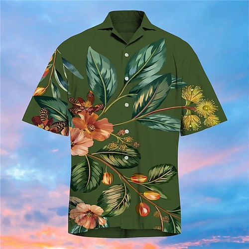 

Men's Shirt Print Floral Turndown Street Casual Button-Down Print Short Sleeve Tops Casual Fashion Designer Hawaiian Green