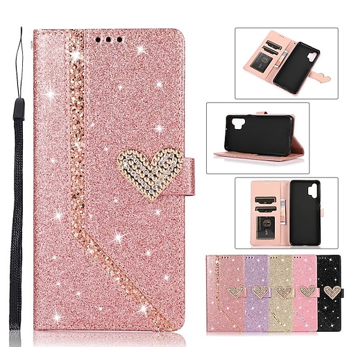 

Phone Case For Samsung Galaxy Wallet Card A73 A53 A33 S22 Ultra Plus S21 FE S20 A72 A52 A42 Note 10 Rhinestone Shockproof with Wrist Strap Heart Solid Colored Glitter Shine TPU PU Leather