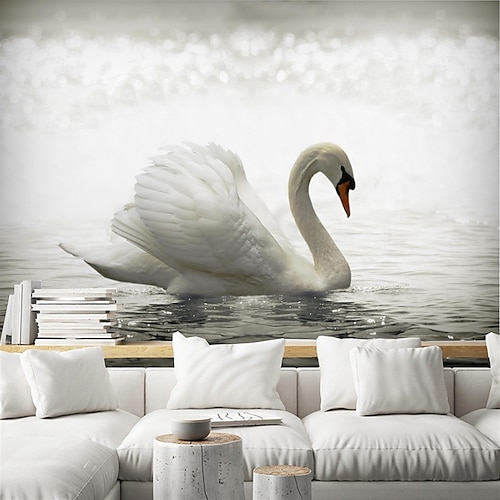 

White Swan Wall Mural 3D Wallpaper Self-adhesive Wall Covering Sticker Film Peel and Stick Removable Pvc/Vinyl Waterproof Material Home Decor Multiple Size