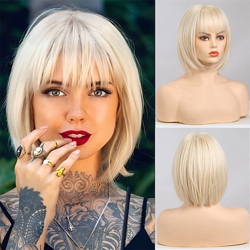 

Blonde Curly Wigs for Women Long Synthetic Hair Wig with Bangs Middle Parting for Daily Use and Party Bob Wigs