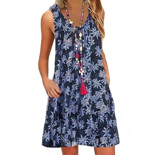 

Mulheres Vestido de turno Vestido de decote Azul Marinha Sem Manga Floral Bolsos Primavera Verão Decote V Delgado 2022 S M L XL XXL