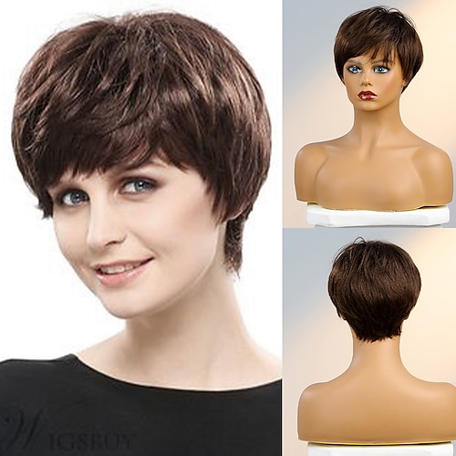 

Human Hair Blend Wig Short Natural Straight Pixie Cut Side Part Layered Haircut Asymmetrical Blonde Black Burgundy Cosplay Curler & straightener Natural Hairline Capless Brazilian Hair Women's All