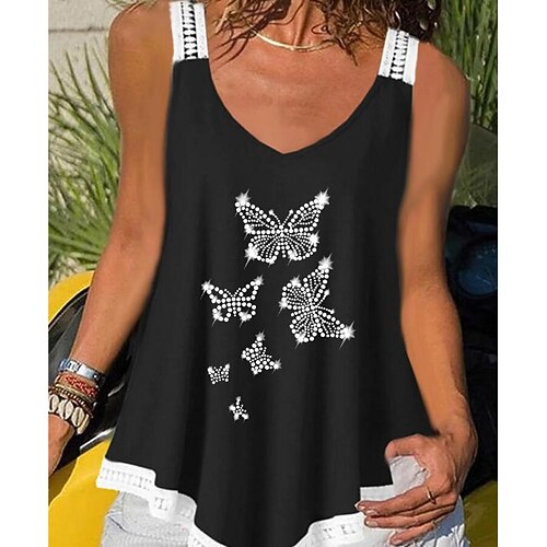 

Women's Camisole Tank Top Butterfly V Neck Casual Tops Black Blue Wine