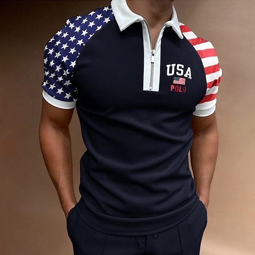 

Men's Collar Polo Shirt Golf Shirt Letter Turndown Navy Blue Street Casual Short Sleeve Zipper Clothing Apparel Fashion Casual Comfortable