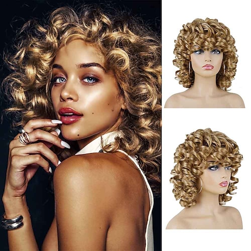 

Blonde Loose Curly Wigs for Black Women 14 Short Afro Kinky Curly Wig with Bangs YOSILADY Synthetic Dark Blonde Curly Afro Wigs for Black Women Fashion Cute Big Bouncy Heat Resistant Hair Replacement