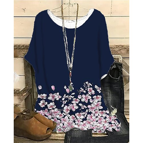 

Women's Plus Size Tops T shirt Floral Print Short Sleeve Crewneck Streetwear Daily Sports Cotton Spandex Jersey Spring Summer Blue Pink