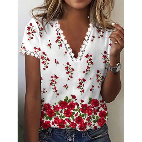 

Women's T shirt Tee Floral Casual Holiday Weekend Floral Painting T shirt Tee Short Sleeve Lace Trims Print V Neck Basic Essential Red S / 3D Print