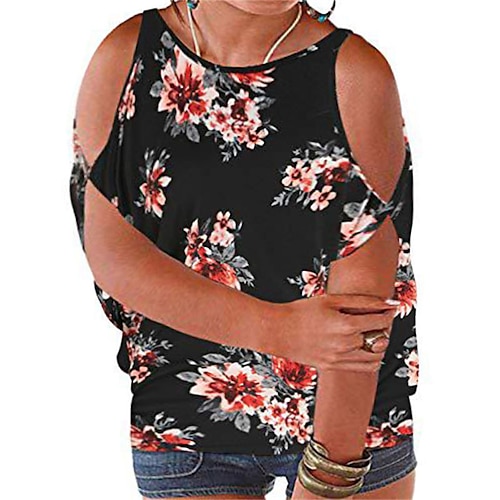 

Women's Plus Size Tops T shirt Tee Floral Striped Cut Out Print Short Sleeve One Shoulder Streetwear Daily Vacation Cotton Spring Summer Black Blue