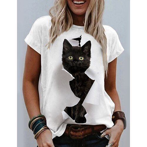 

Women's 3D Cat Painting T shirt Cat 3D Print Round Neck Basic Tops White