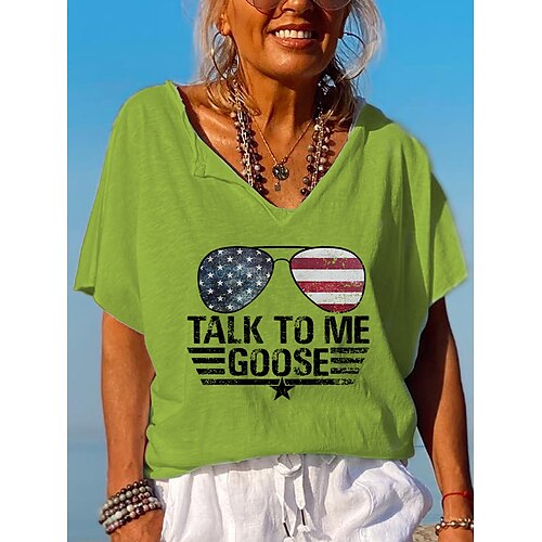 

Women's Casual Weekend Independence Day Painting T shirt Tee Text USA Short Sleeve Print V Neck Basic Tops Green White Black S