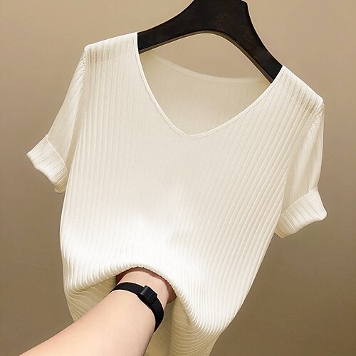 

Women's Pullover Sweater jumper Jumper Ribbed Knit Knitted Pure Color V Neck Stylish Casual Outdoor Work Spring Summer Green Blue One-Size / Regular Fit / Going out
