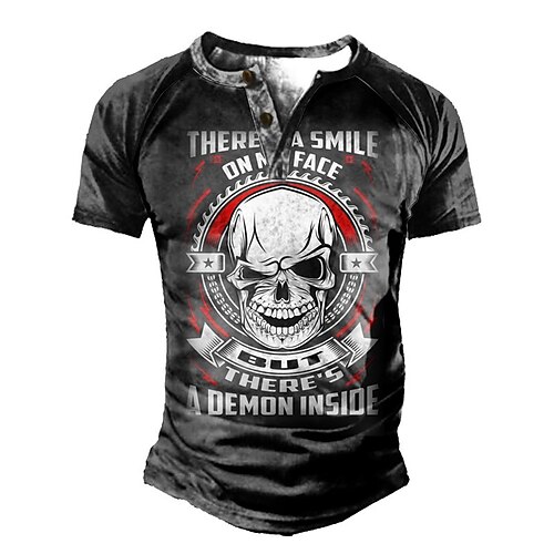 

Men's Henley Shirt Tee T shirt Tee 3D Print Graphic Skull Plus Size Henley Daily Sports Patchwork Button-Down Short Sleeve Tops Basic Casual Classic Designer Black