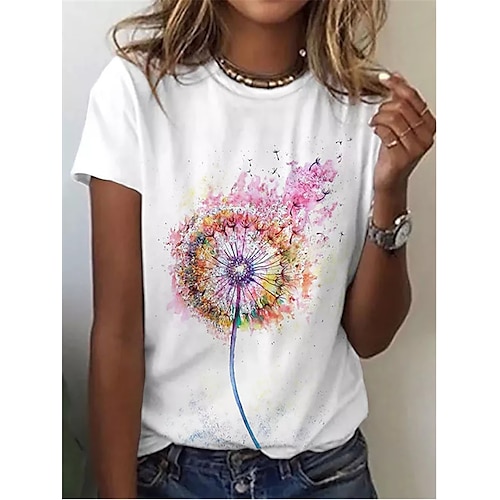 

Women's Casual Daily Holiday T shirt Tee Dandelion Short Sleeve Patchwork Print Round Neck Basic Tops White S / 3D Print