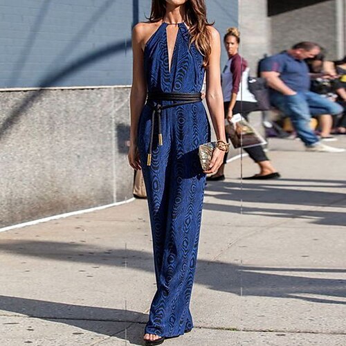 

Mulheres Macacão Frente Única Cintura Alta Listrado Nadador Roupa de rua Festa Trabalho Normal Sem Manga Azul S M L Primavera / Com Corte