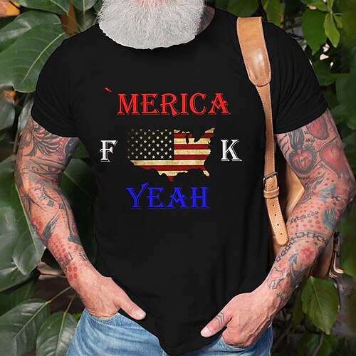

Men's Unisex T shirt Hot Stamping Graphic Prints National Flag Letter Crew Neck Street Daily Print Short Sleeve Tops Casual Designer Big and Tall Sports Black Dark Gray Navy Blue