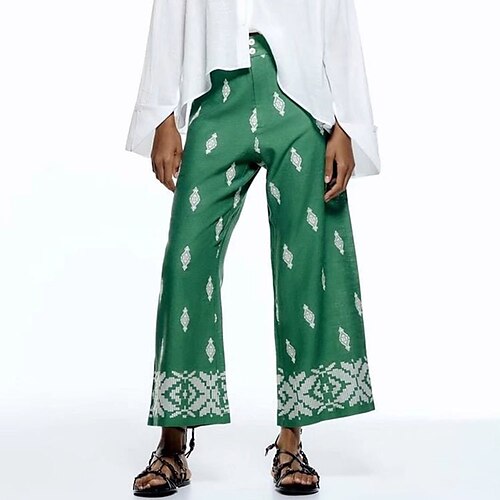 

Women's Culottes Wide Leg Chinos Pants Trousers Linen / Cotton Blend Green Mid Waist Fashion Casual Weekend Print Micro-elastic Full Length Comfort Graphic S M L