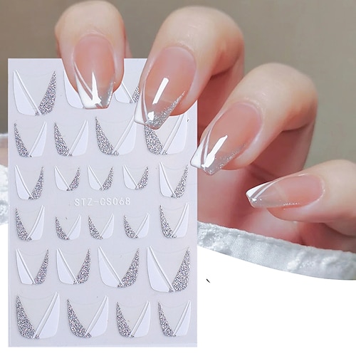 

3 pcs Silver Glitter French Line Nails Stickers Sparkly White Oblique Strip Decals 3D Creative Geometry Star Manicure Tips