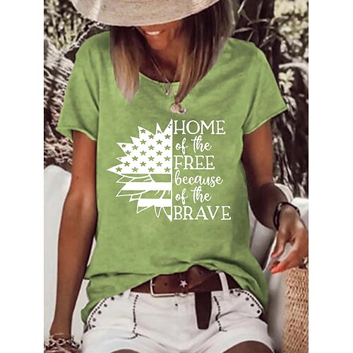 

Women's Casual Weekend Independence Day Painting T shirt Tee Text Star Sunflower Short Sleeve Print Round Neck Basic Tops Green White Black S