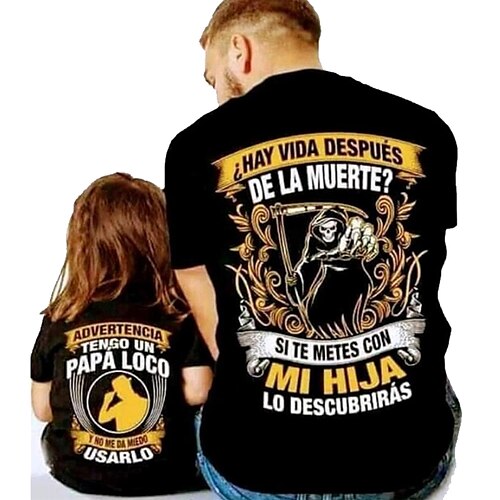 

Family Look T shirt Tops Skull Letter Street Print Black Short Sleeve Active Matching Outfits