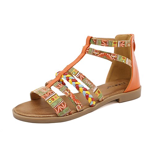 

Women's Flats Office Daily Flat Sandals Gladiator Sandals Roman Sandals Summer Flat Heel Round Toe Open Toe Elegant Casual Walking Shoes PU Leather Zipper Color Block Solid Colored Black Orange Blue