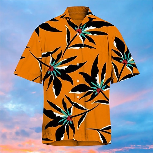 

Men's Shirt Print Leaves Turndown Street Casual Button-Down Print Short Sleeve Tops Casual Fashion Designer Hawaiian Yellow