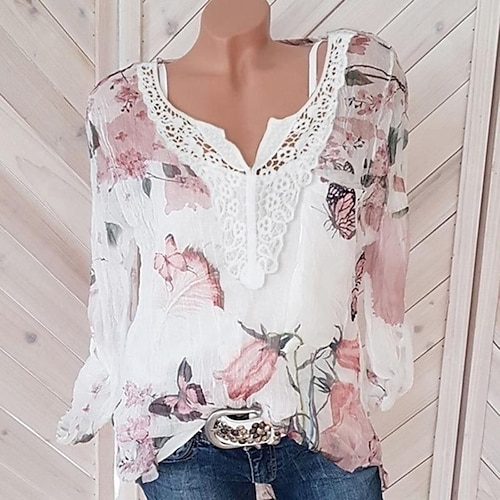 

Mulheres Camisa Social Blusa Preto Branco Vermelho Floral Borboleta Renda Imprimir Manga Longa Casual Feriado Básico Decote V Padrão Tema Flores Borboleta S