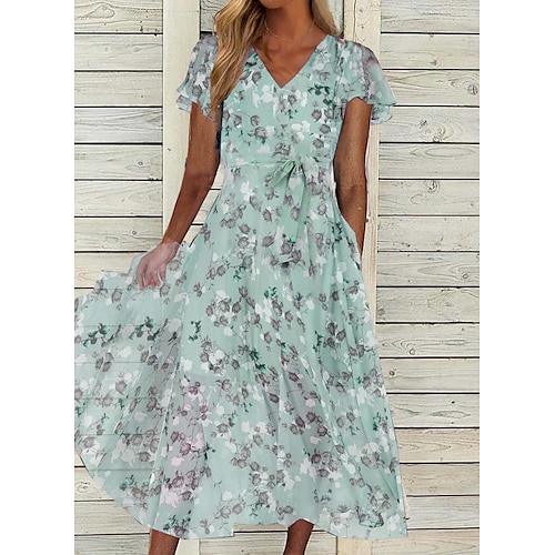 

Robe mi-longue Femme Robe casual Manche Courte Eté Printemps - Décontractées Lacet Imprimer Floral Imprime Col V 2023 Vert S M L XL XXL 3XL