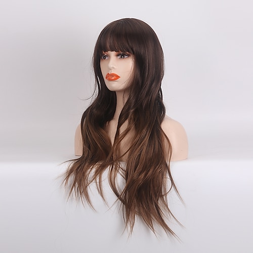 

Long Natural Wavy Wig Layered Light Brown Hair and Blonde Balayage Color with Highlights Synthetic Wigs for White Women (Dark brown mixed)