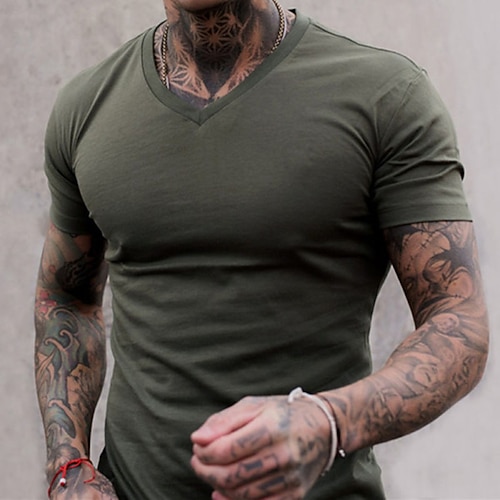 

Men's T shirt Tee Solid Color V Neck Street Casual Short Sleeve Tops Basic Fashion Classic Comfortable Army Green