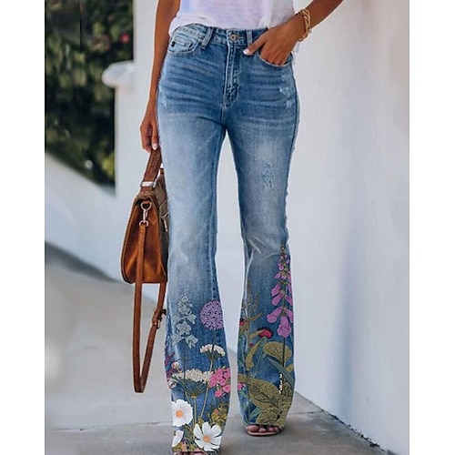 

Women's Pants Trousers Trousers Bell Bottom Faux Denim Green Blue Yellow High Waist Fashion Streetwear Casual / Sporty Casual Daily Print Micro-elastic Full Length Flower / Floral S M L XL XXL