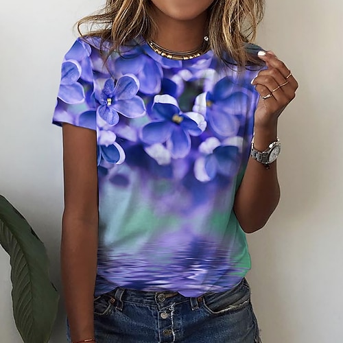 

Women's Casual Holiday Weekend Floral Painting T shirt Tee Floral Short Sleeve Print Round Neck Basic Tops Blue Purple Pink S / 3D Print