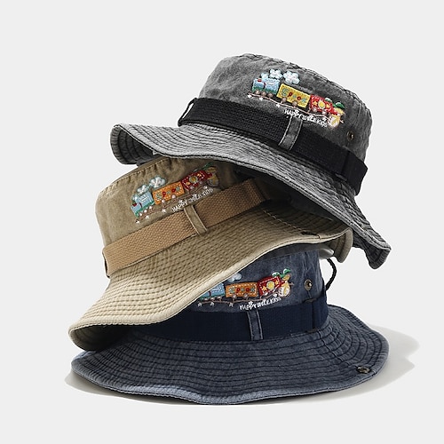 

Vintage Summer Bucket Hat for Women Men Embroidery Train Cotton Sun Hats Denim bob Caps Outdoor Travel Hiking Fisherman Cap