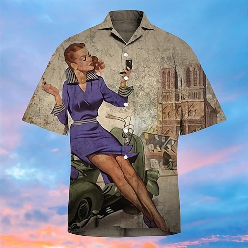 

Men's Shirt Print Human Turndown Street Casual Button-Down Print Short Sleeve Tops Casual Vintage Designer Gray