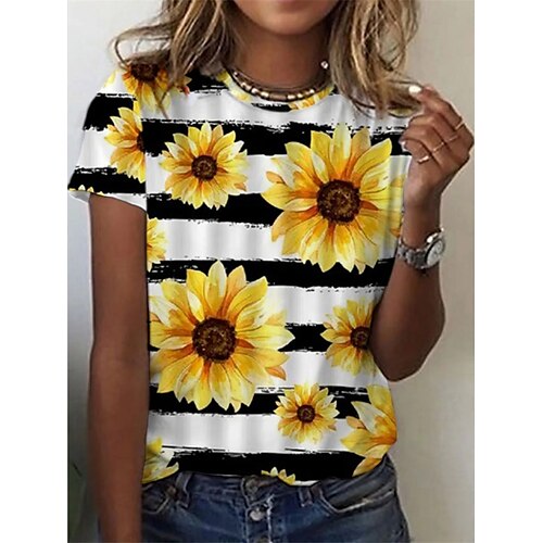 

Women's T shirt Flower Patchwork Print Round Neck Basic Tops Rainbow / 3D Print