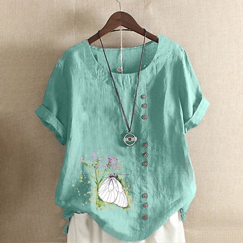 

Women's Plus Size Tops Blouse T shirt Tee Floral Button Print Short Sleeve Crewneck Streetwear Daily Weekend Linen Spring Summer Purple Dark Blue