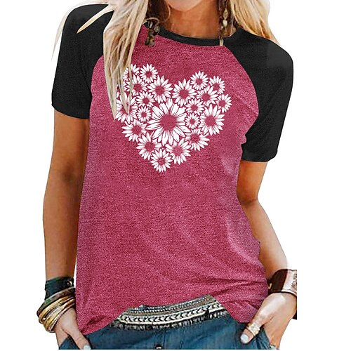 

Women's Casual Daily Holiday T shirt Dress Graphic Heart Daisy Short Sleeve Print Round Neck Basic Tops Green Blue Light gray S