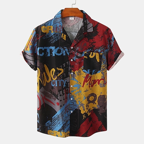 

Men's Dress Shirt Casual Shirt Shirt Print Geometry Letter Plus Size Turndown Street Casual Print Short Sleeve Tops Fashion Retro Nostalgic Cool Light Yellow