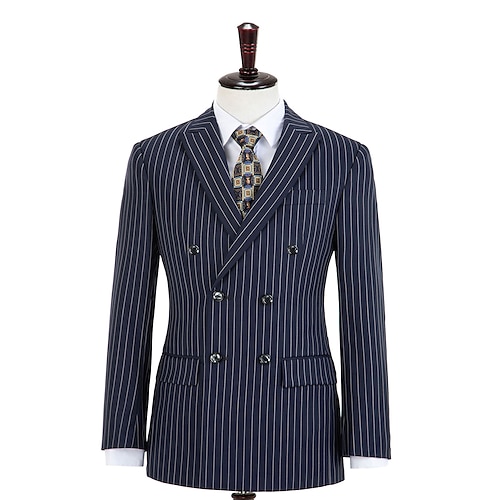 

Custom Suit Wedding Special Occasion Event Party Peak Midnight Blue Stripe Double Breasted Wool