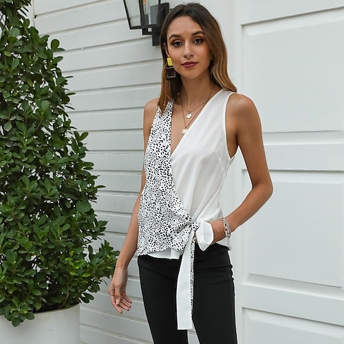 

Women's Daily Weekend Tank Top Camis Polka Dot Sleeveless Lace up Print V Neck Casual Streetwear Tops Black Yellow S