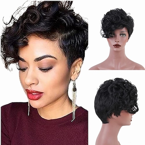 

Pixie Cut Wigs with Side Bangs for Black Women Heat Resistance Synthetic Short Wavy Hair Wigs Short Black Heat Resisted Layered Wavy Wigs