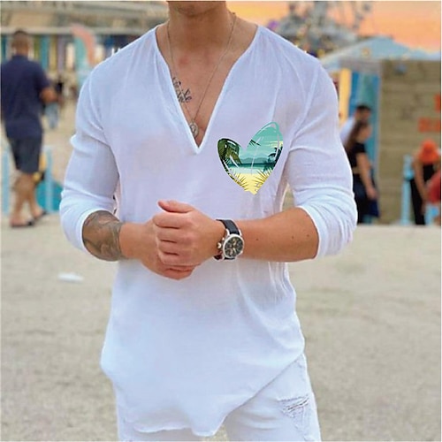 

Men's Shirt Hot Stamping Graphic Beach V Neck Street Casual Print Long Sleeve Tops Casual Fashion Designer Big and Tall White Black