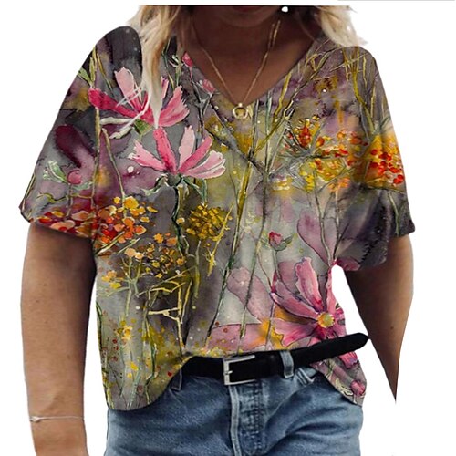 

Women's Plus Size Tops T shirt Floral Print Short Sleeve V Neck Streetwear Daily Vacation Polyester Spring Summer Green Blue